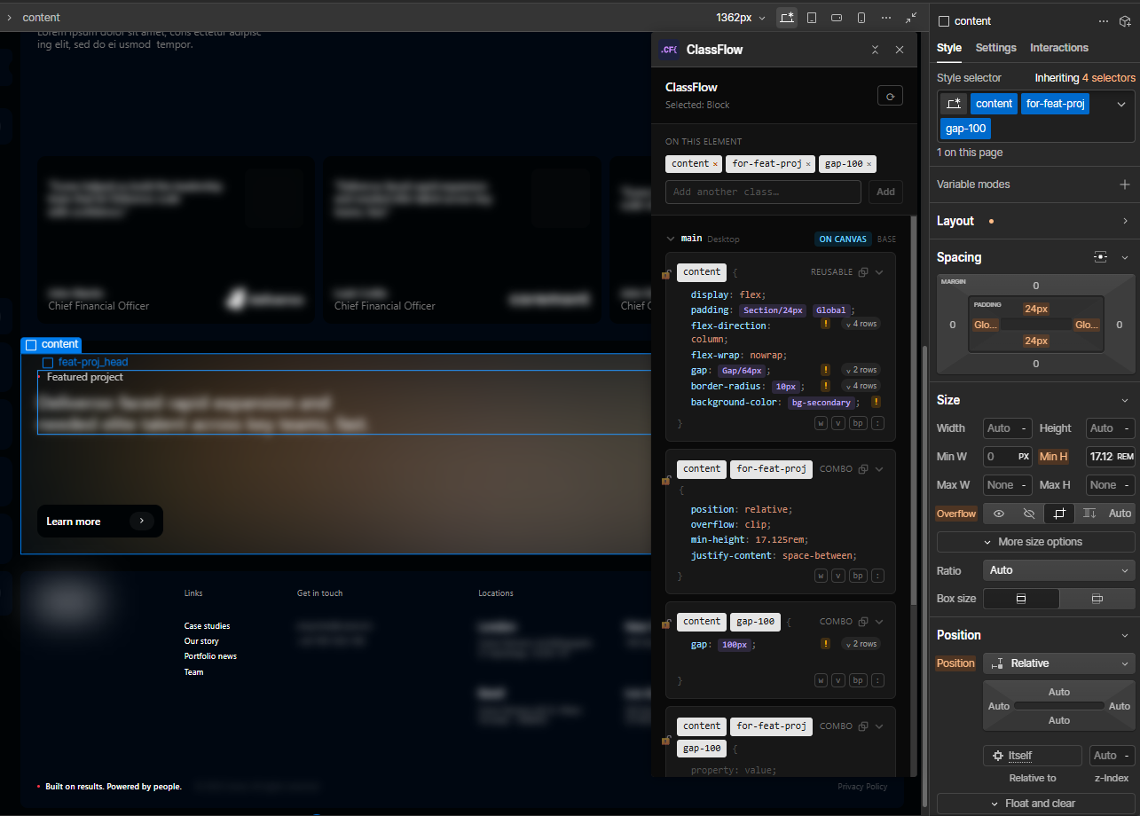Screenshot of ClassFlow showing every rule that styles the selected element