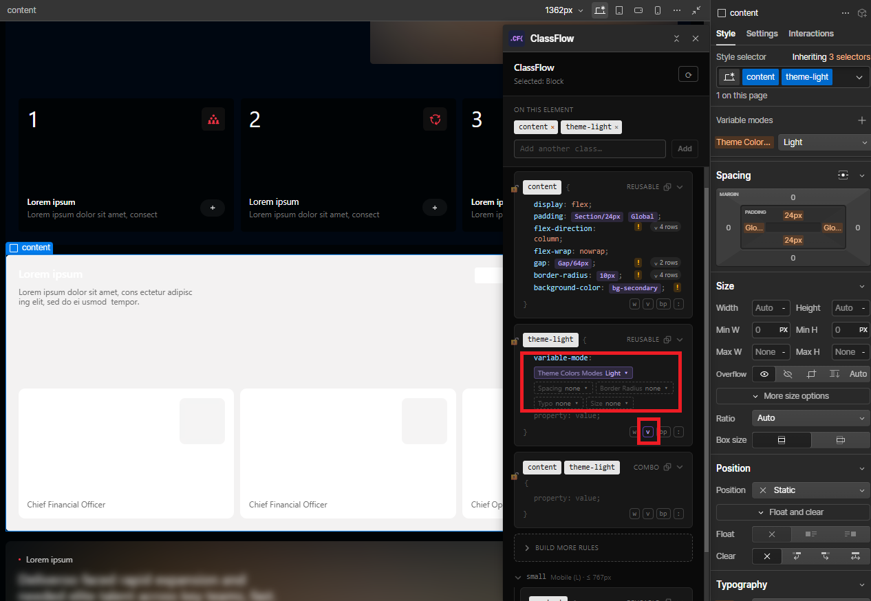 Pinning a variable collection to a mode on the rule card